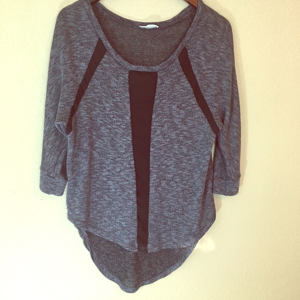 Lush gray hi lo sweater with black sheer panel